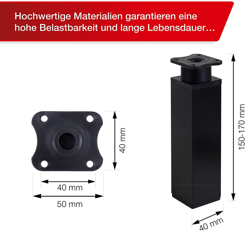 LouMaxx Möbelfüße verstellbar eckig– 4er Set 40x40x150mm in Schwarz inkl. Befestigungsplatte – Füße für Möbel aus Aluminium