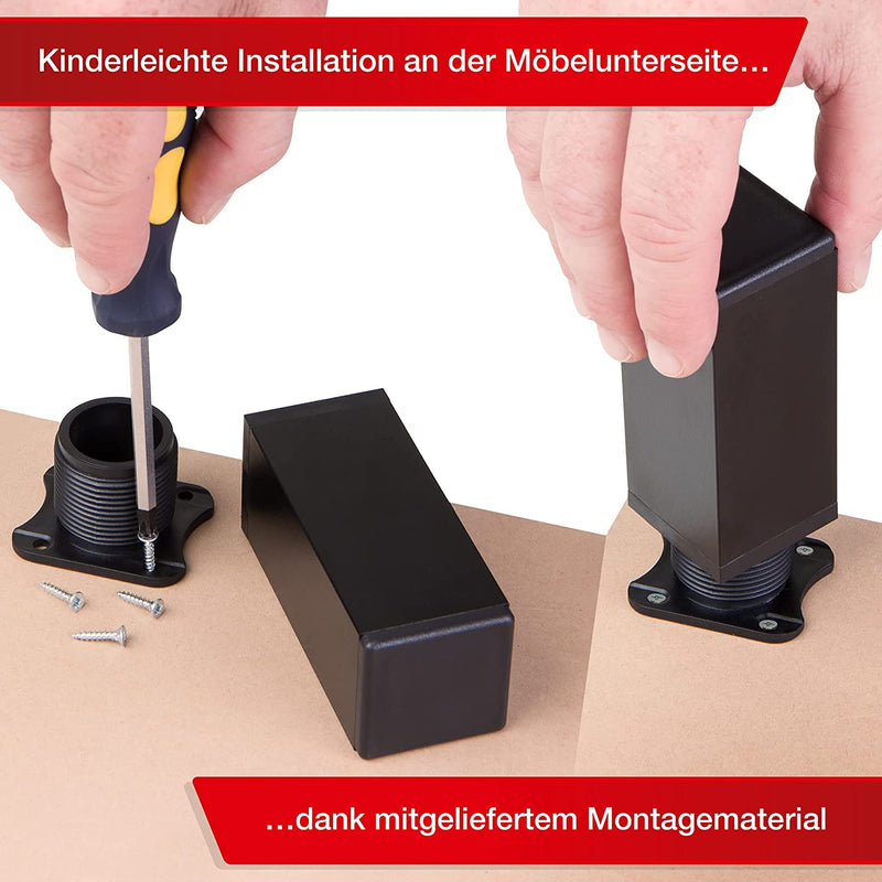 LouMaxx Möbelfüße verstellbar eckig– 4er Set 40x40x100mm in Schwarz inkl. Befestigungsplatte – Füße für Möbel aus Aluminium