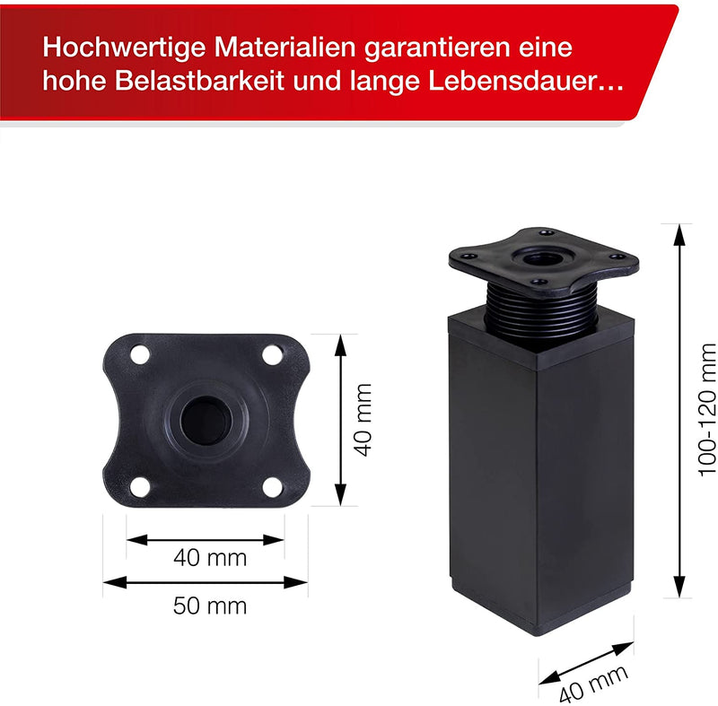 LouMaxx Möbelfüße verstellbar eckig– 4er Set 40x40x100mm in Schwarz inkl. Befestigungsplatte – Füße für Möbel aus Aluminium