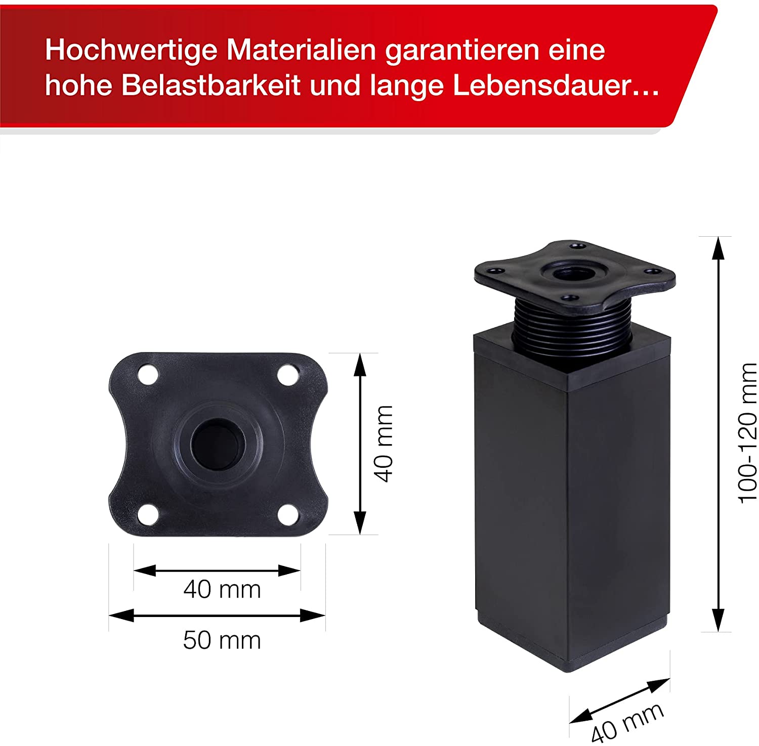 LouMaxx Möbelfüße verstellbar eckig– 4er Set 40x40x100mm in Schwarz in
