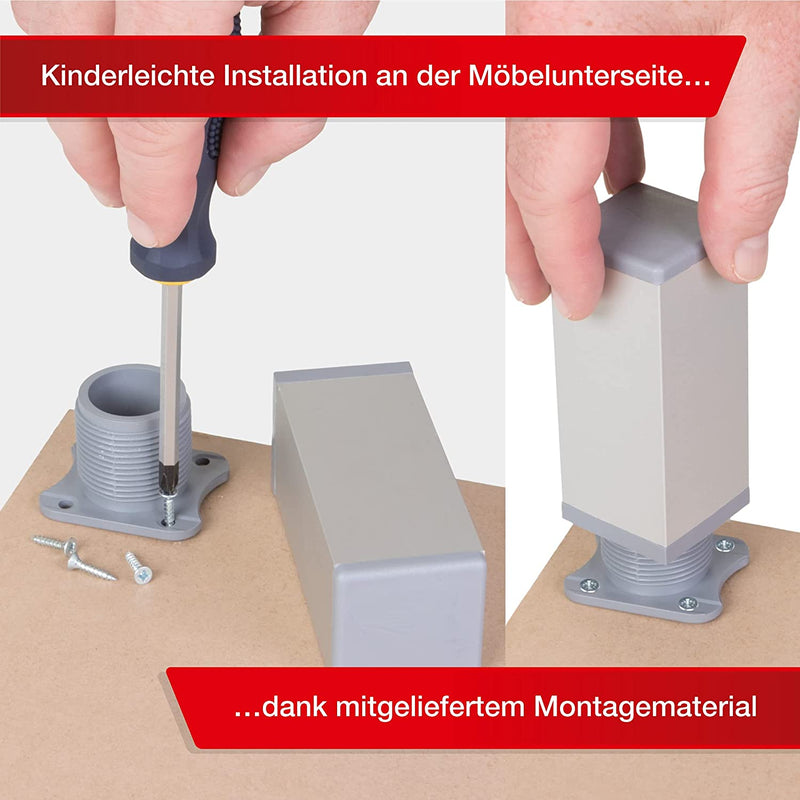 LouMaxx Möbelfüße verstellbar eckig– 4er Set – 40x40x100mm - in Alu/Silber inkl. Befestigungsplatte – Füße für Möbel aus Aluminium