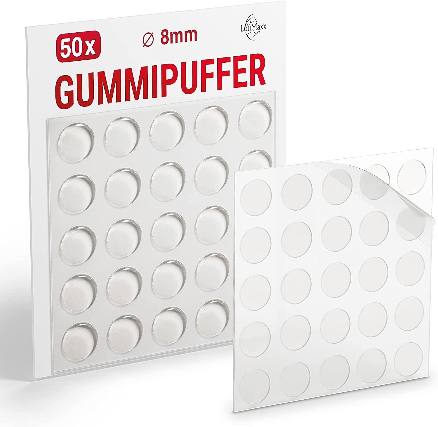 LouMaxx Gummipuffer - 50x Puffer transparent 8mm Ø - Gumminoppen für Glasplatten – Elastikpuffer transparent selbstklebend