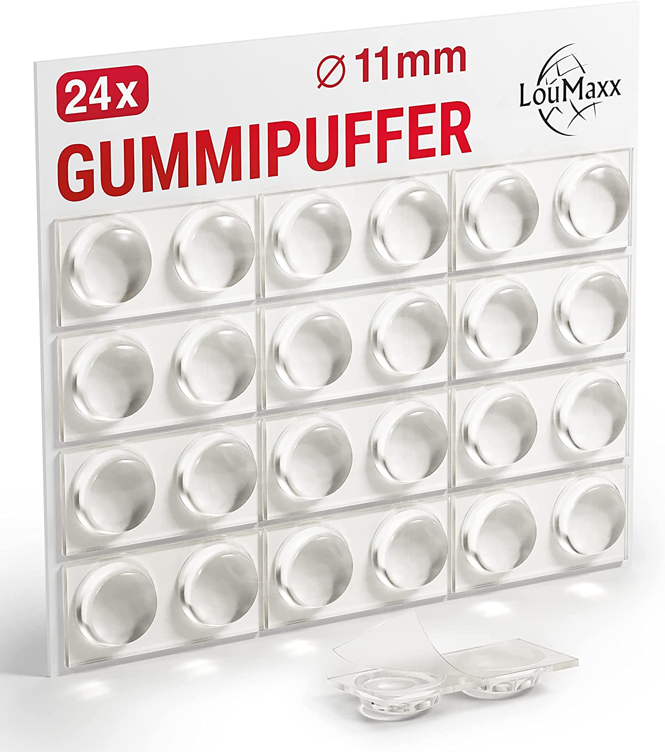 LouMaxx Gummipuffer - 24x Puffer transparent 11mm Ø - Gumminoppen für Glasplatten – Elastikpuffer transparent selbstklebend – Anschlagpuffer