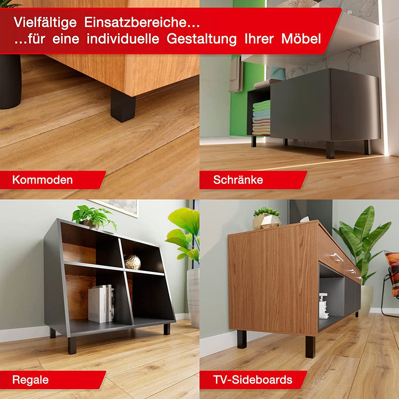 LouMaxx Möbelfüße verstellbar eckig– 4er Set 40x40x100mm in Schwarz inkl. Befestigungsplatte – Füße für Möbel aus Aluminium