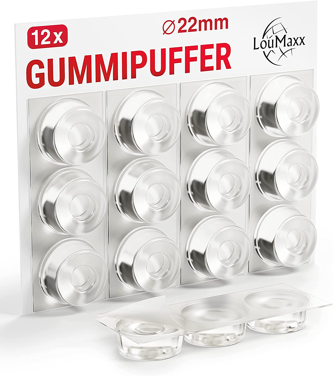LouMaxx Gummipuffer - 12x Puffer transparent 22mm Ø - Gumminoppen für Glasplatten – Elastikpuffer transparent selbstklebend – Anschlagpuffer