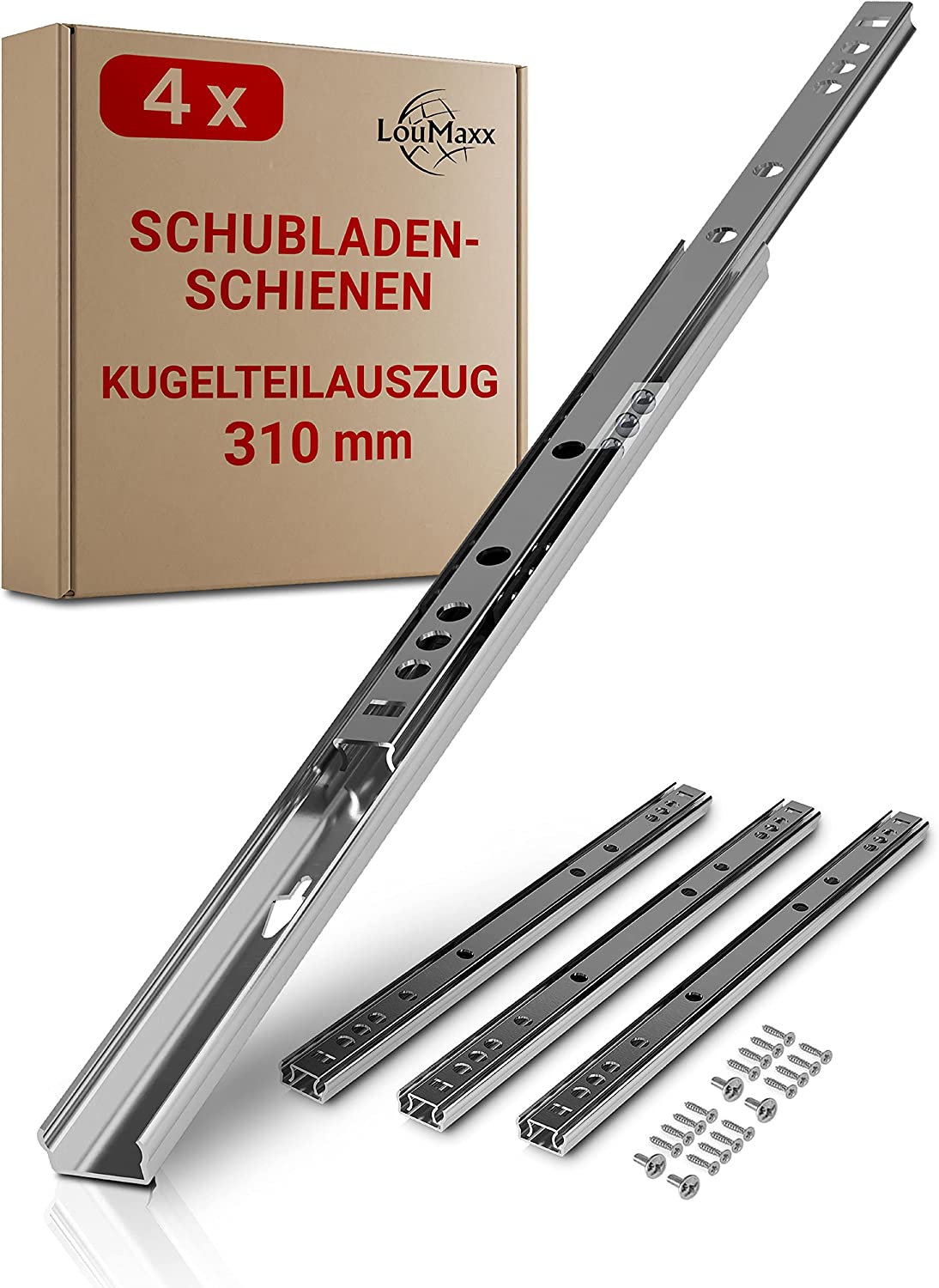 LouMaxx Kugelauszug 4er Set (2 Paar) Schubladenschienen 310 mm 17 mm Nut Schubladenauszug