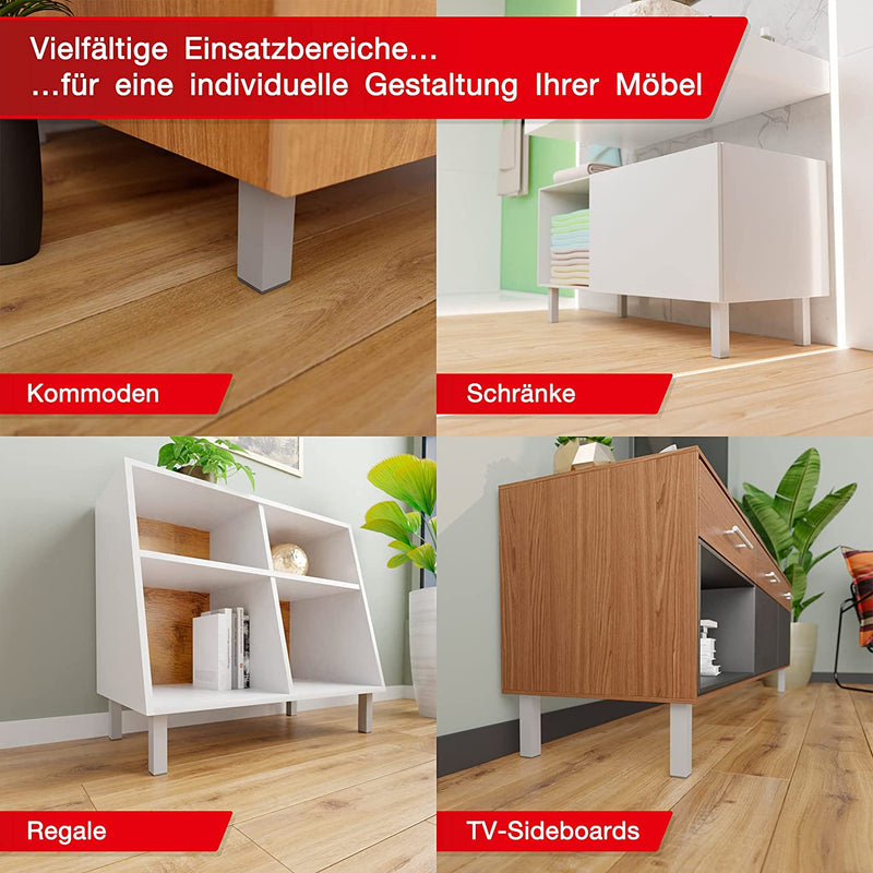 LouMaxx Möbelfüße verstellbar eckig– 4er Set 40 x 40 x 150 mm in Alu/Silber inkl. Befestigungsplatte – Füße für Möbel aus Aluminium