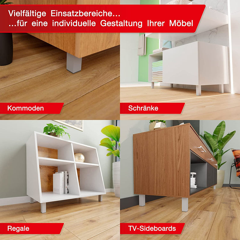 LouMaxx Möbelfüße verstellbar eckig– 4er Set – 40x40x100mm - in Alu/Silber inkl. Befestigungsplatte – Füße für Möbel aus Aluminium