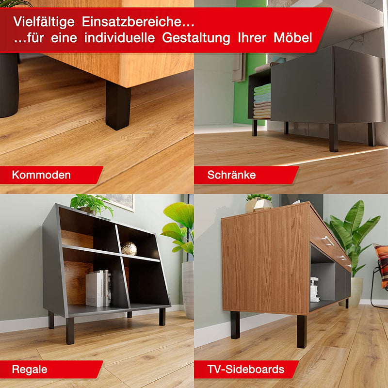 LouMaxx Möbelfüße verstellbar eckig– 4er Set 40x40x150mm in Schwarz inkl. Befestigungsplatte – Füße für Möbel aus Aluminium