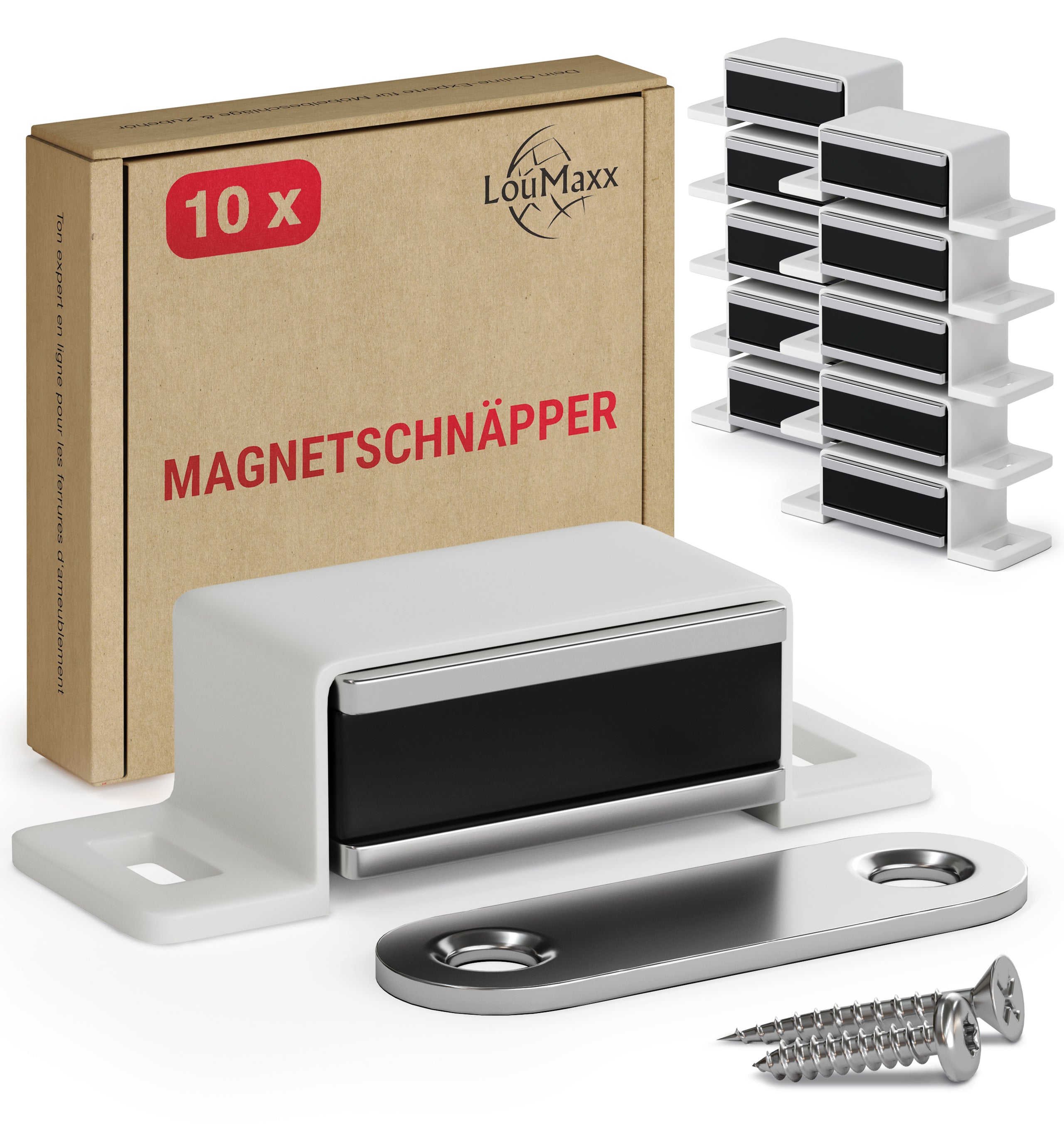 LouMaxx Magnetschnäpper stark - Haltekraft 4kg - 10er Set in weiß – Türmagnet - Magnetverschluss - Tür Magnet - Magnetverschluss Schrank - Magnet Türschließer - Magnet Schranktür