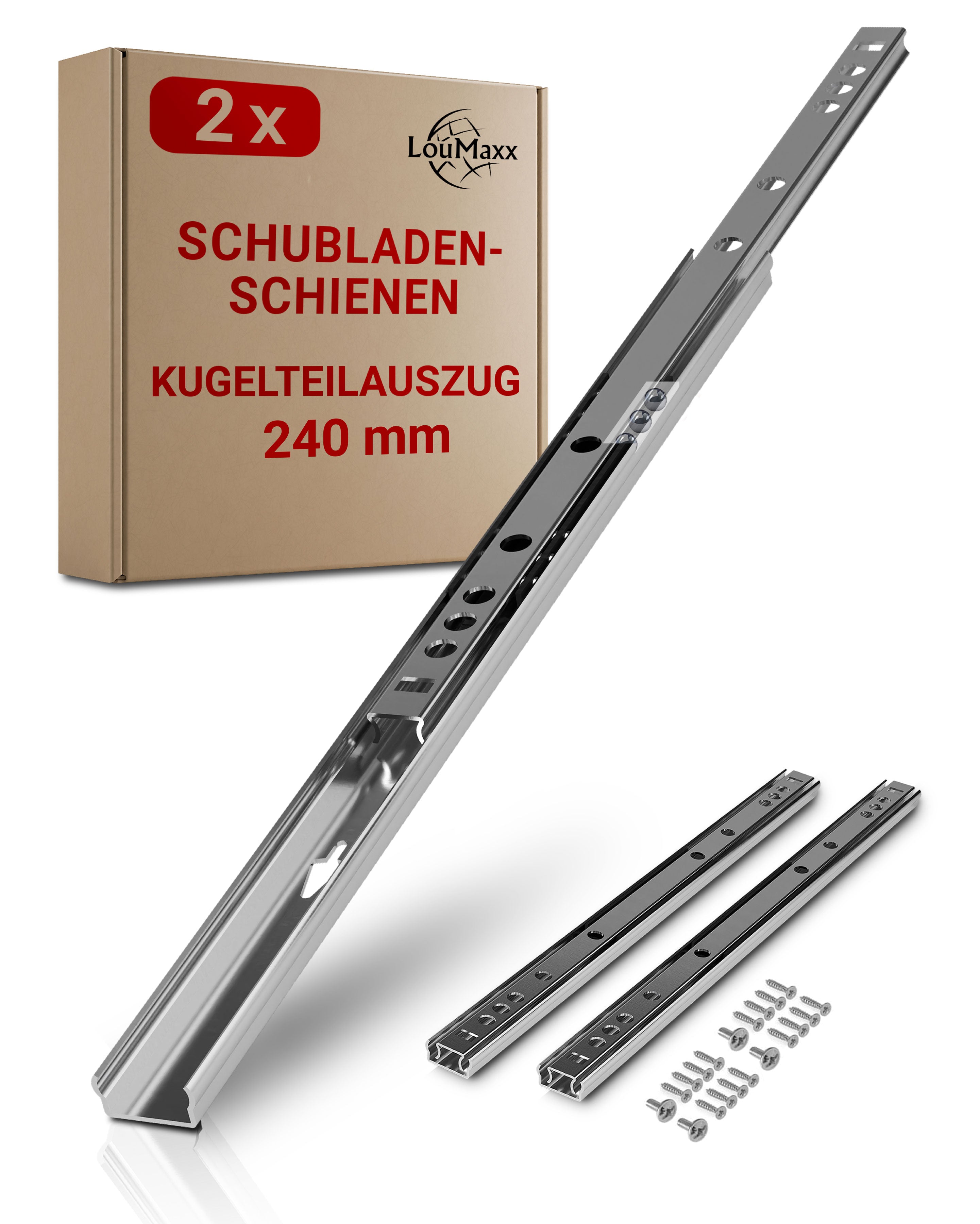 LouMaxx Kugelauszug 2er Set (1 Paar) Schubladenschienen 240 mm / 17mm Nut Schubladenauszug - Schienen für Schubladen - Schubladen Schienensystem