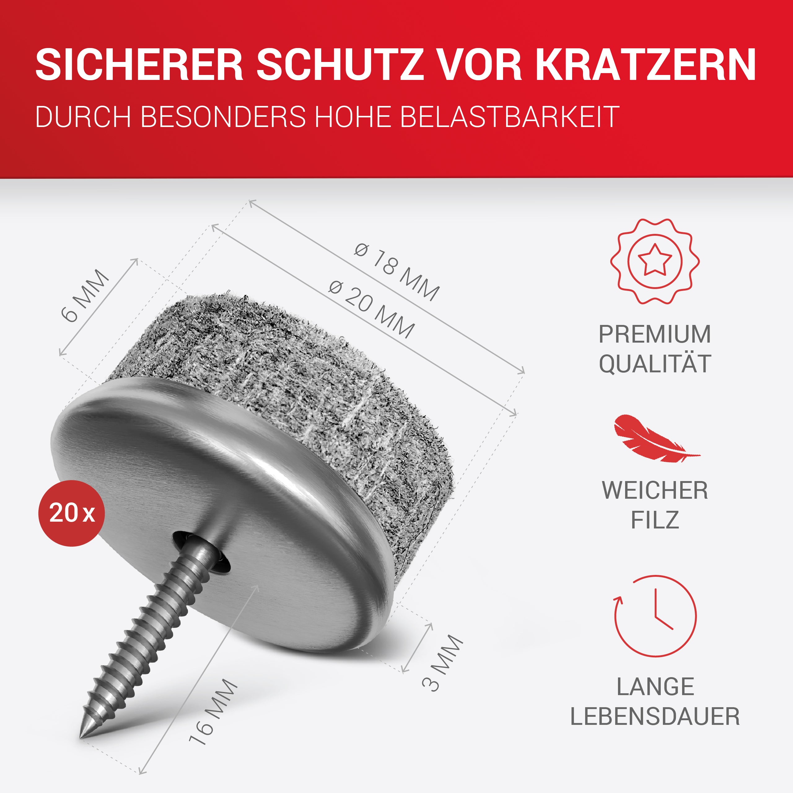 LouMaxx Stuhl Filzgleiter Schrauben – 20er Set (rund, Ø 20mm) grau – Stuhlgleiter mit 6 mm dickem Filz – stabile Metalleinfassung – Premium Schutz