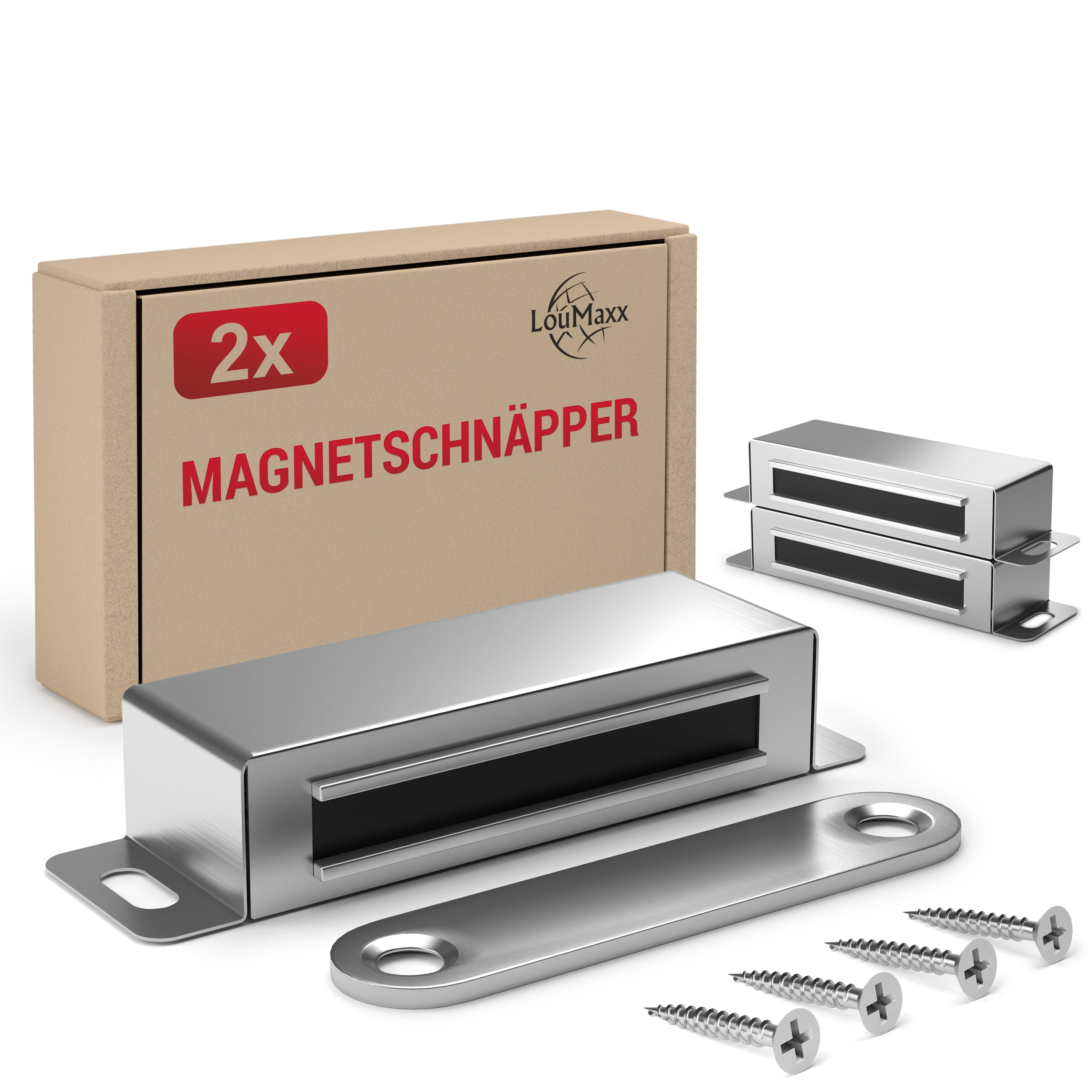 LouMaxx Magnetschnäpper stark - Haltekraft 15kg - 2er Set aus Edelstahl – Türmagnet - Schrankmagnet – Möbelmagnete – Tuer Magnetverschluss Edelstahl– Magnethalter Schranktür für sicheren Halt
